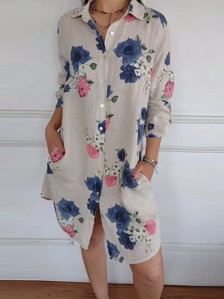 Floral Print Stylish Linen Button Decor Dress