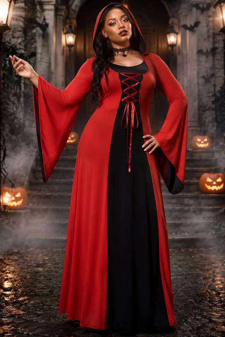 Xpluswear Design Plus Size Halloween Costume Red Hooded Lace Up Witches Trumpet Sleeve Knitted Maxi Dress（Ships 24h） 2024 - Xpluswear