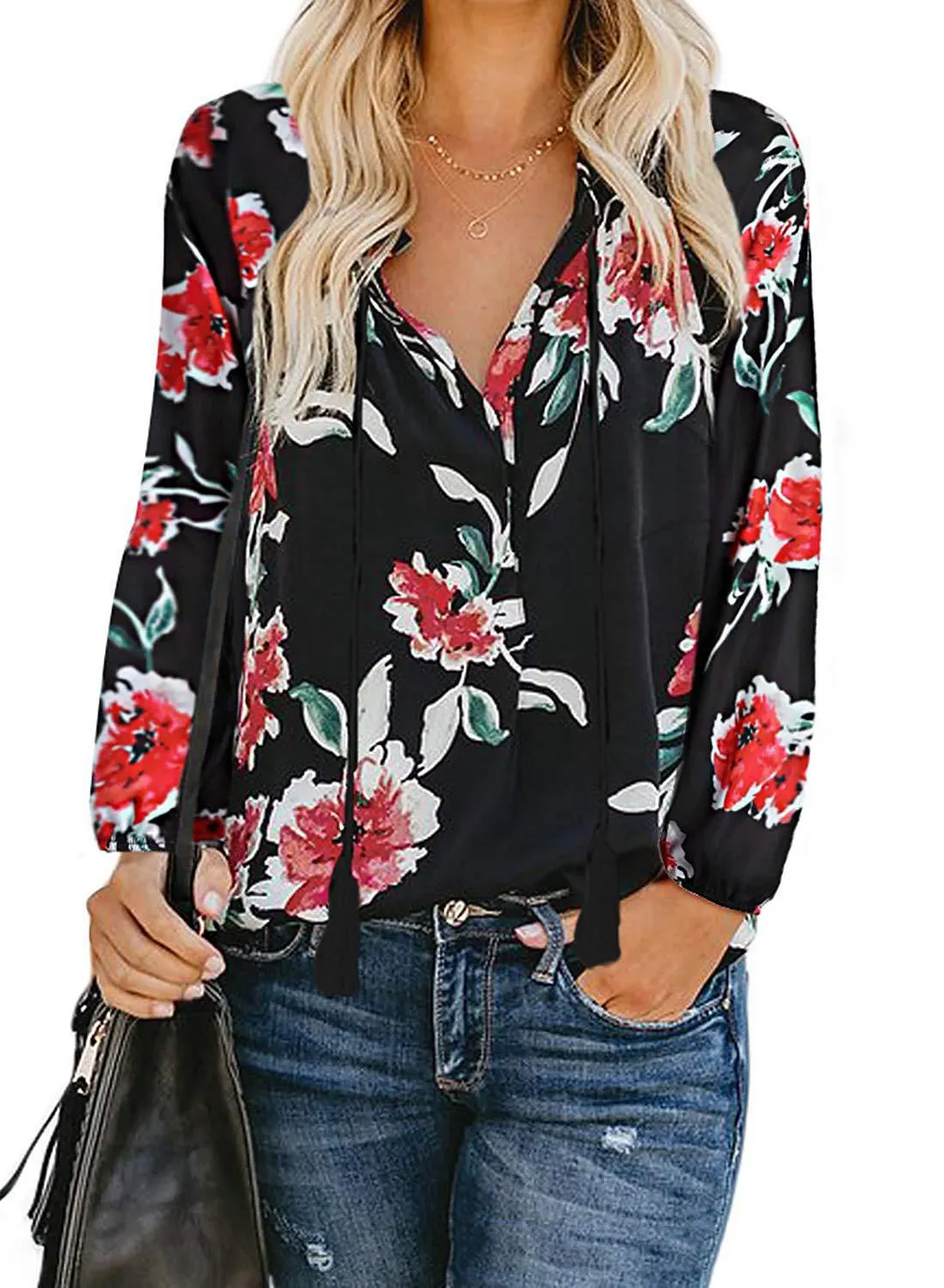 Churchf Churchf Autumn Floral Print Big V-Neck Long Sleeve Shirt Loose Rope Shirt Jacket Female
