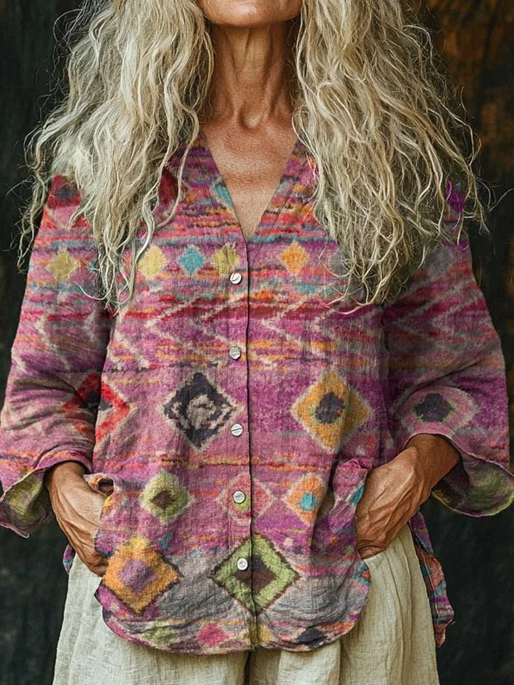 Women's Vintage Tribal Style Totem Print Linen And Cotton V-neck Casual Shirt