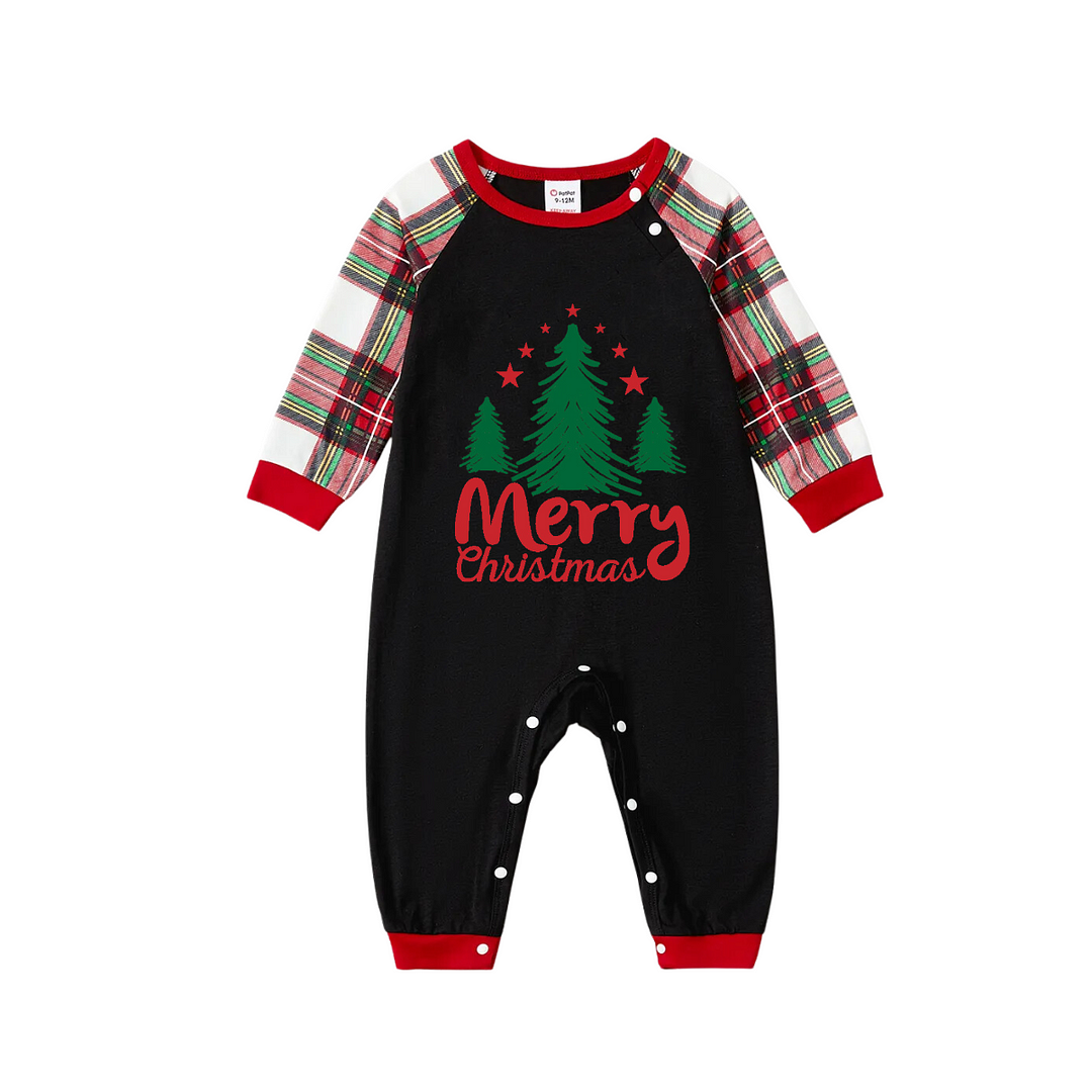 Merry Christmas Letter & Tree Printed Pattern Black Long Sleeve Top and Red & White Plaid Pants Family Matching Pajamas