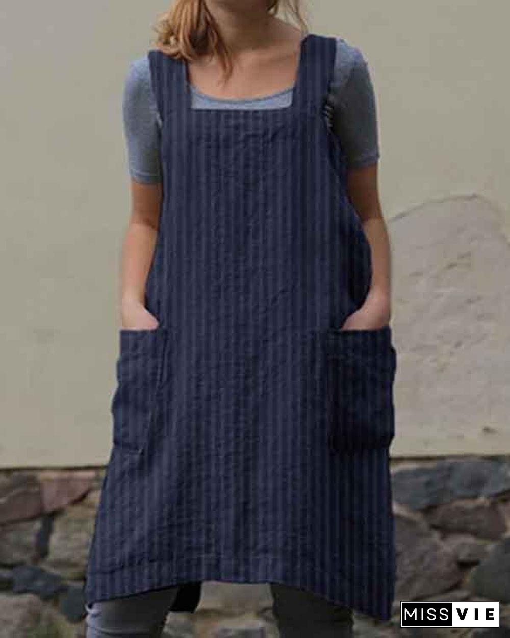 Stripe Print Double Pockets Apron Linen Dress