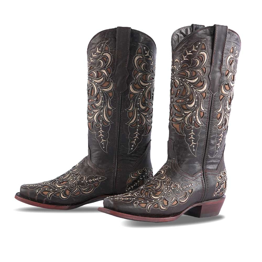 Brown Inlay Square Toe Low Heel Mid-Calf Cowgirl Boots with Studs Nicepairs