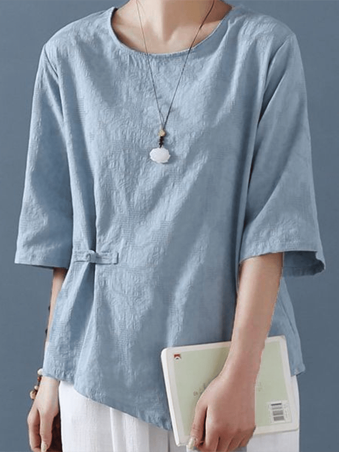 Women's Cotton Vintage Jacquard Frog Button Half Sleeve Casual Round Neck Shirt