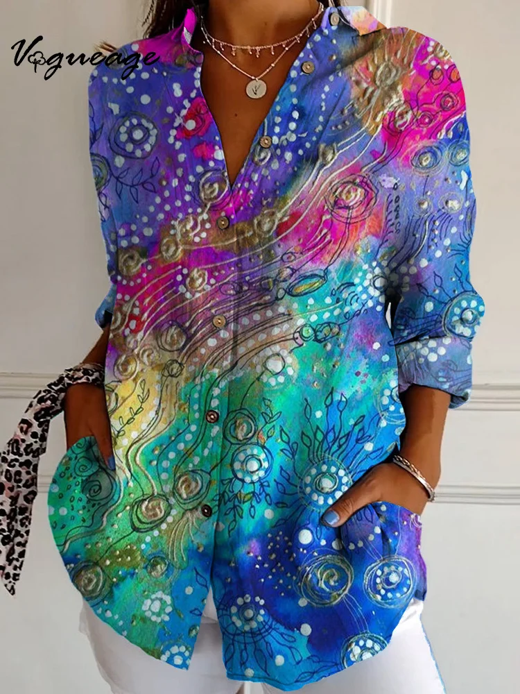 Women's Dreamy Underwater Water Waves Line Art Long Sleeves Printed Cotton And Linen Shirt