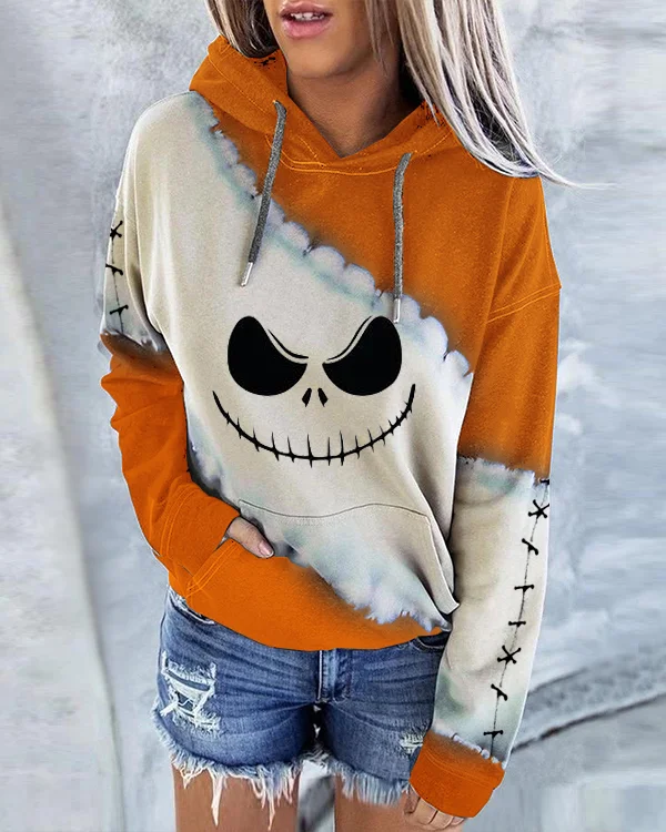 Halloween Spooky Face Hoodie Long Sleeve Sweatshirt