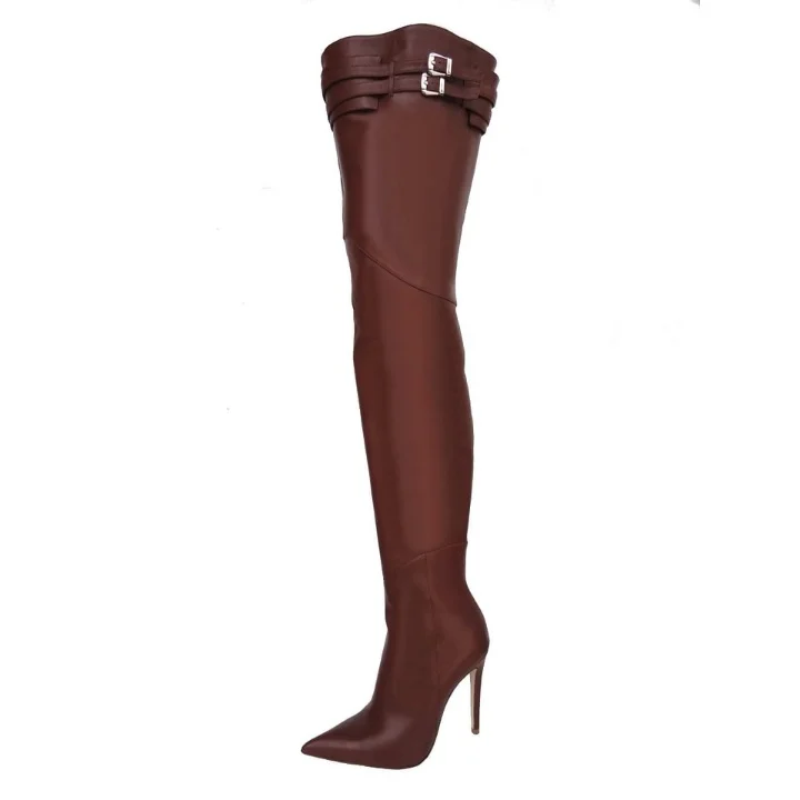 Brown Zip Thigh-high Buckle Heel Boots Vdcoo
