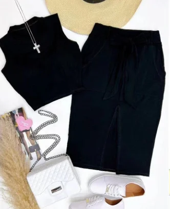 Mongw Mongw New Women's Wear Sleeveless Round Collar Splicing Belt Pocket Slit Short Skirt Two-Piece Set