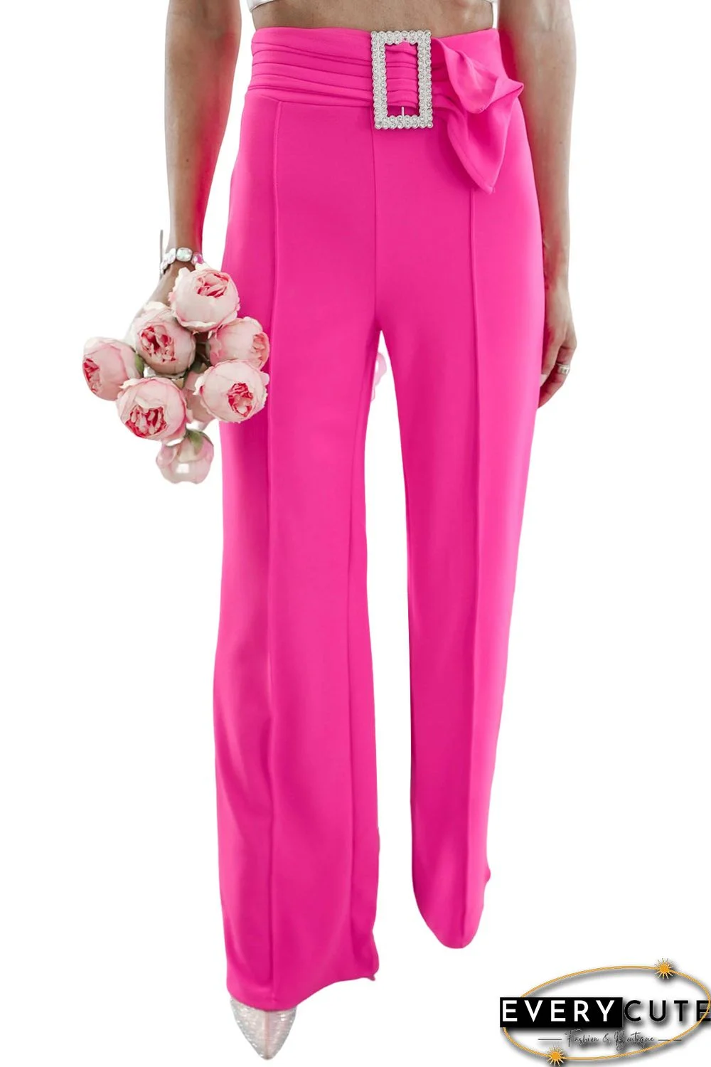 Rose Rhinestone Buckle Sash Wide Leg Pants
