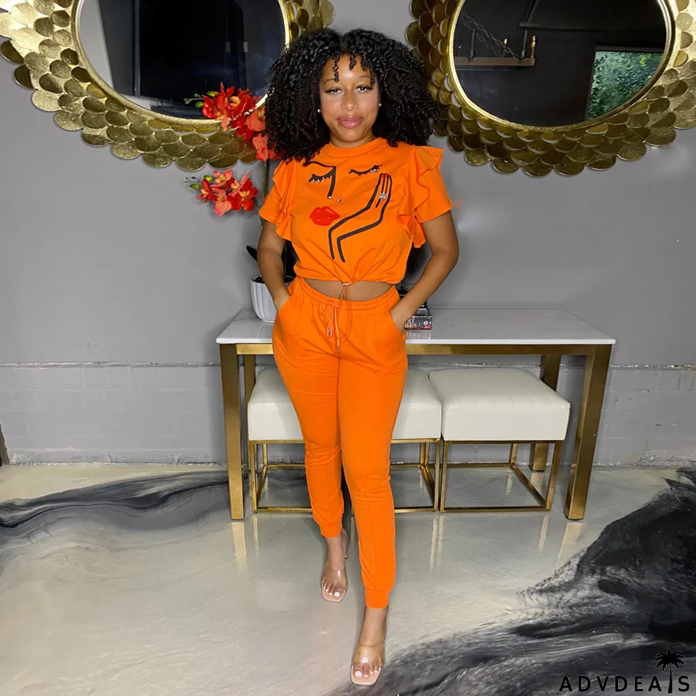 Casual Ruffled Top And Pants Two Piece Sets