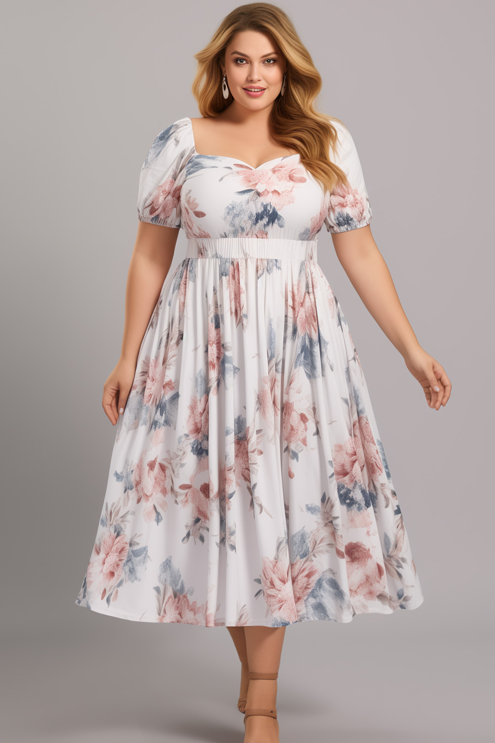 Flycurvy Plus Size Everyday White Floral Print Puff Sleeve Tea-Length Dress