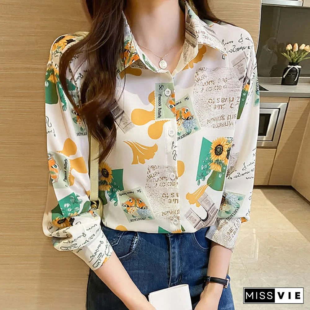 Vintage Floral Letter Print Long Sleeve Chiffon Shirt Workwear
