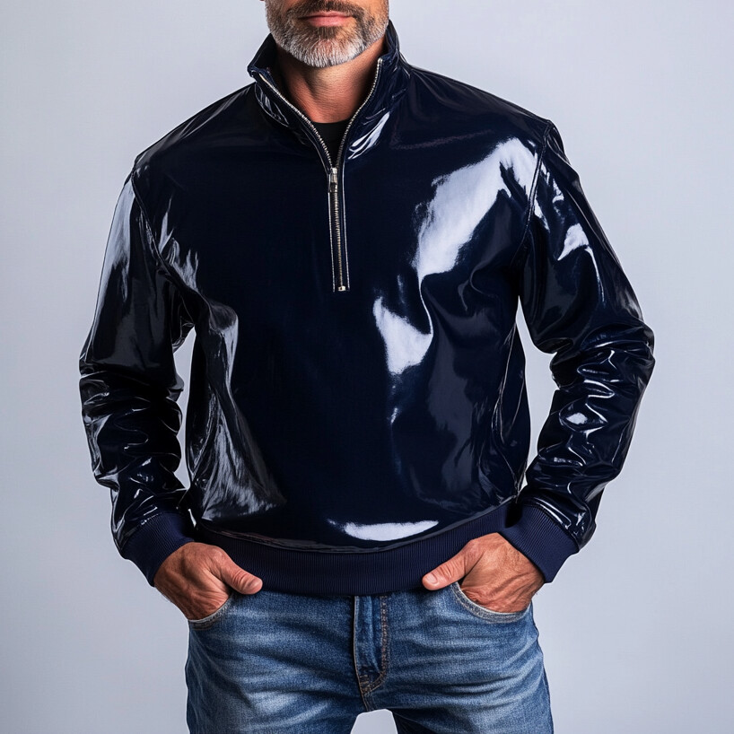 Men's Patent PU Leather Half Zipper Sweatshirt