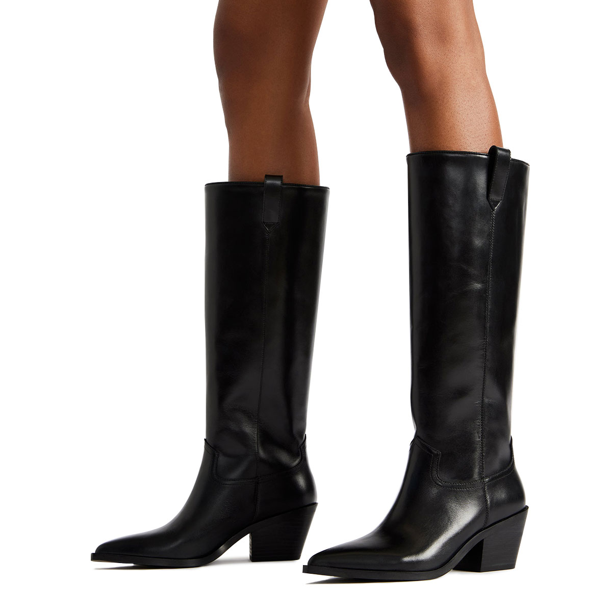 Black Vegan Leather Pointed Toe Chunky Heel Knee High Boots for Women Nicepairs