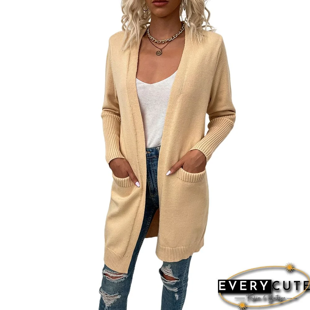 Solid Apricot Knitted Long Cardigan with Pockets
