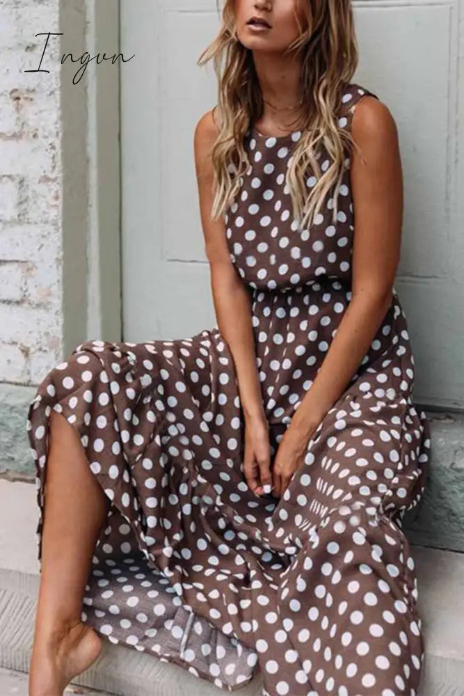 Ingvn - Polka Dot Round Neck Dress（5 Colors） S / Brown Dress