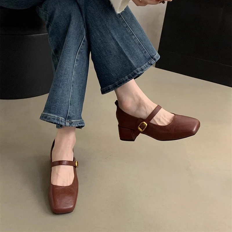 Breakj Breakj Square Head Thick Heel Single Shoes Women Spring And Autumn New French Evening Fairy Soft Skin Mary Jane Small Leather Shoes