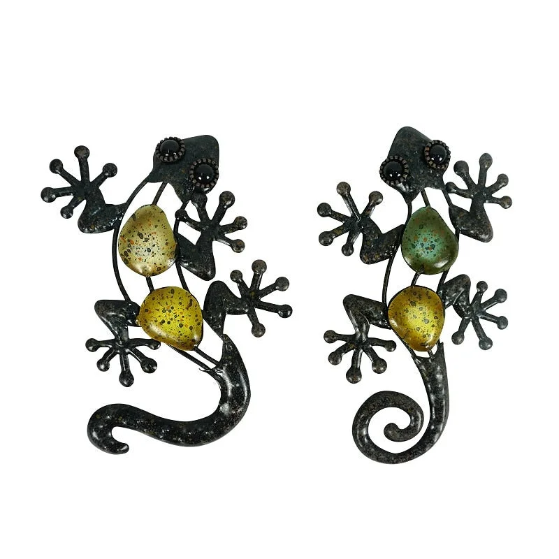 Christmas Gift 2pcs Metal Gecko with Glass Wall Decor for Home Decoration Outdoor Animal Statues Accessories Sculptures of Jardin Brother