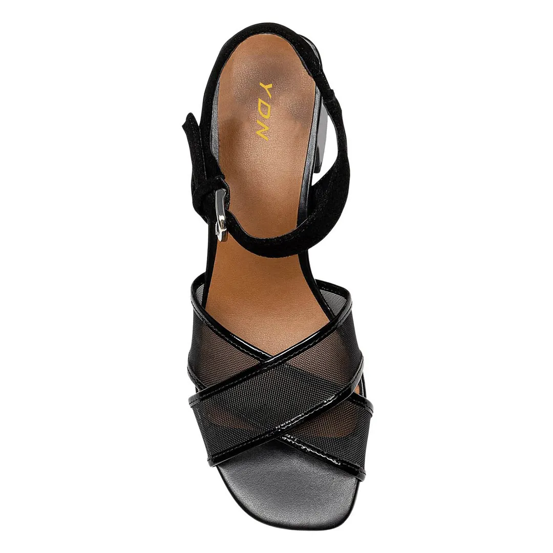 Classic Mesh Patchwork Ankle Strap Open Toe Black Heels Sandals