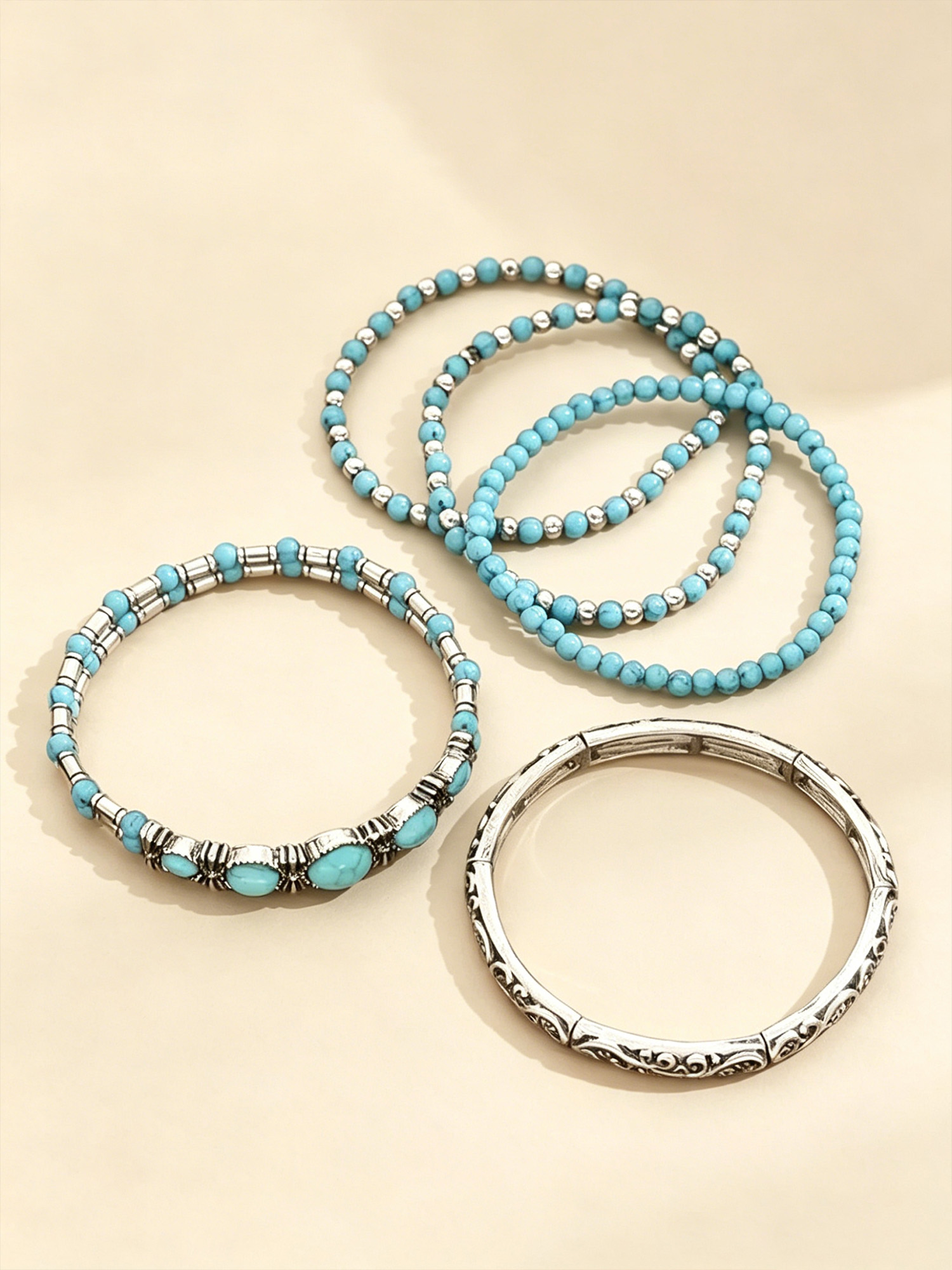 Ideal For Music Festivals &mdash; Vintage Silver & Turquoise Multi-Layer Beaded Stack & Heavy Sculpted Metal Detailing Premium Lightweight Alloy Boho Chic Bracelet Set