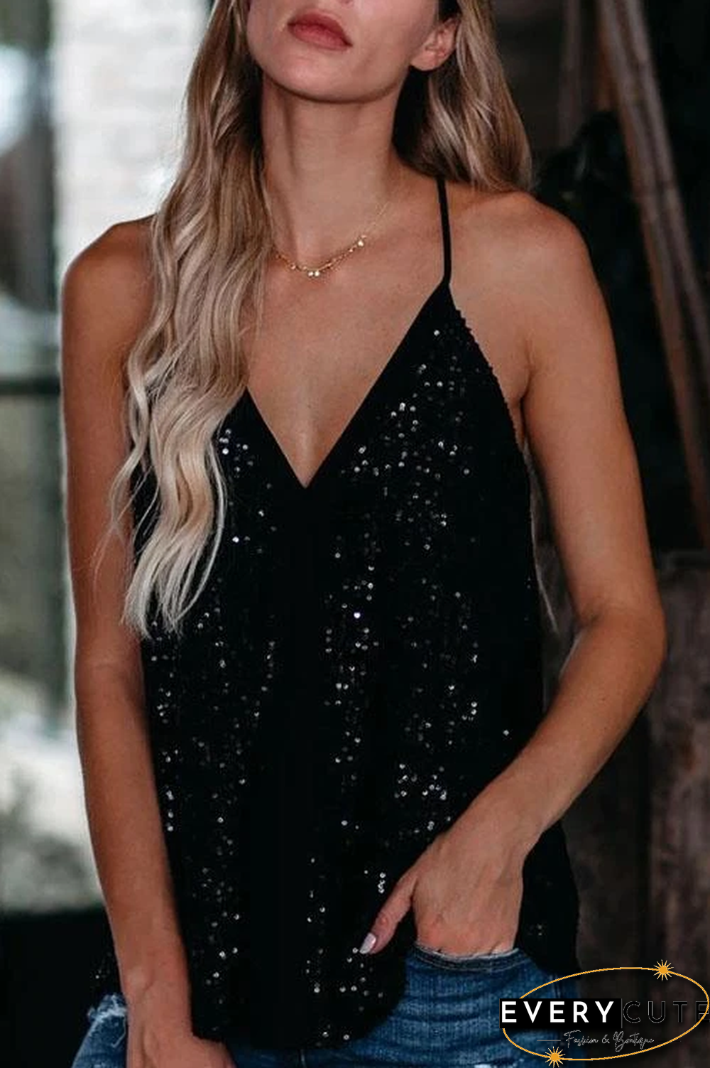 Sequin V Neck Vest Crop Top
