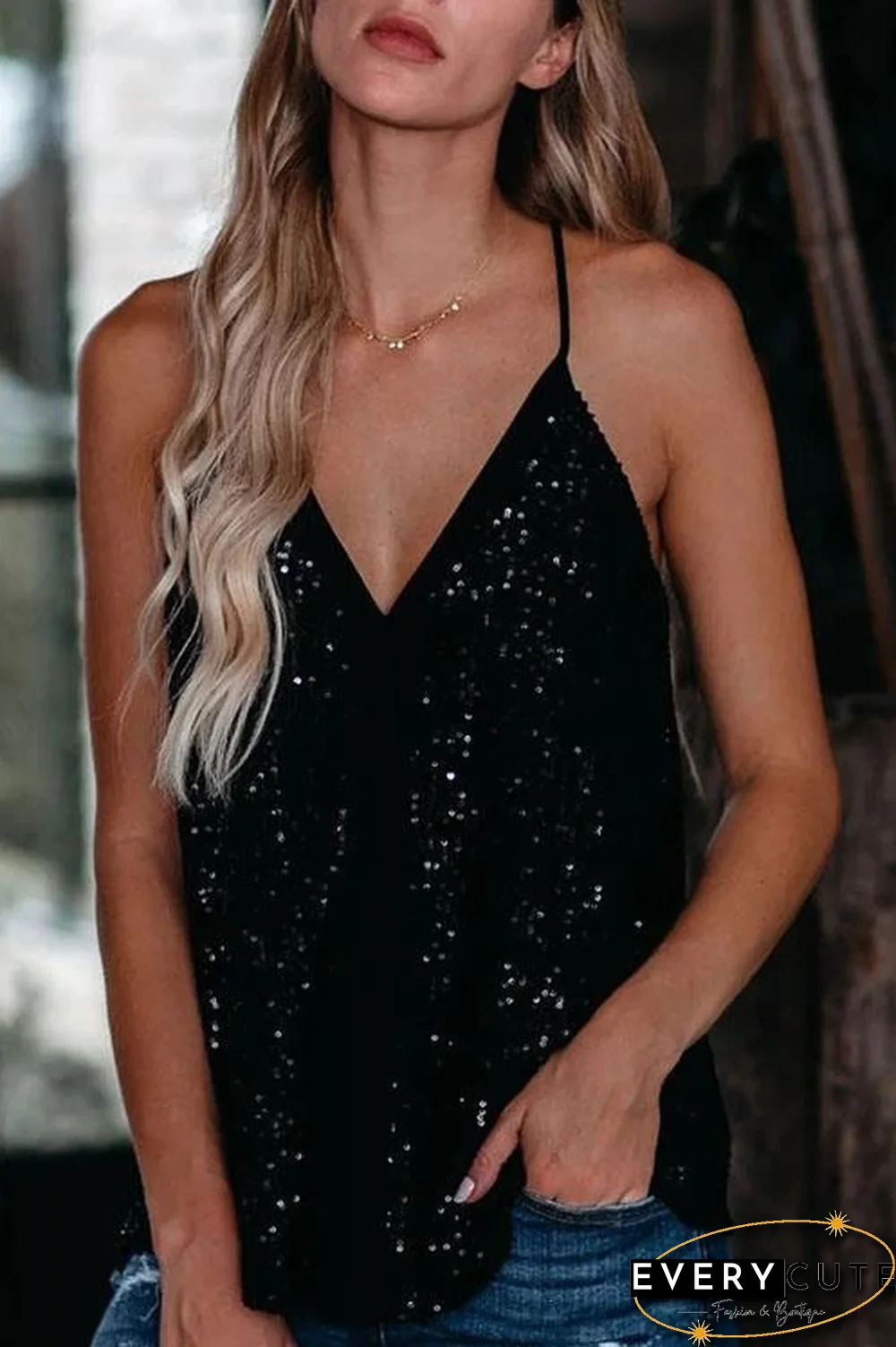 Sequin V Neck Vest Crop Top