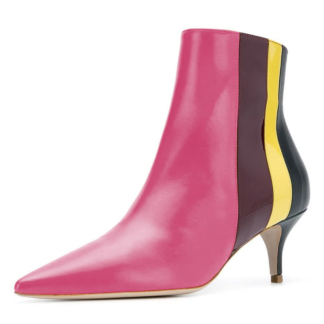 YDN Pointed Toe Zipper Kitten Heel Hot Pink Ankle Boots with Stripes