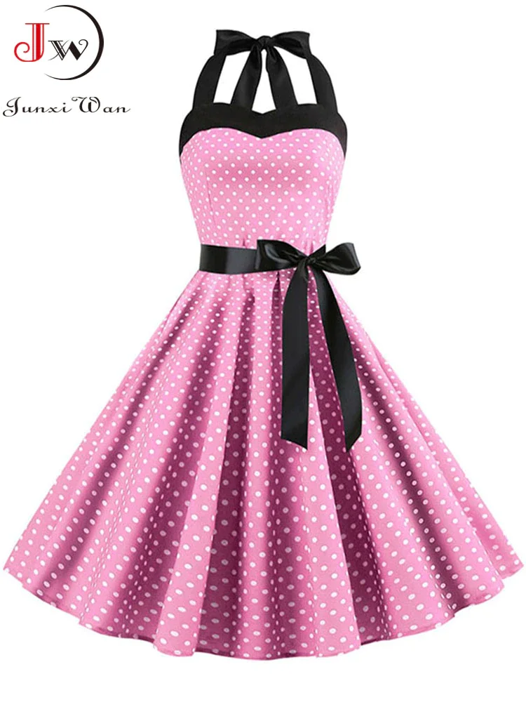 Uaang Polka Dot Halter Vintage Dress 50s 60s Gothic Pin Up Rockabilly Dress Robe Femme Sexy Retro Party Dress