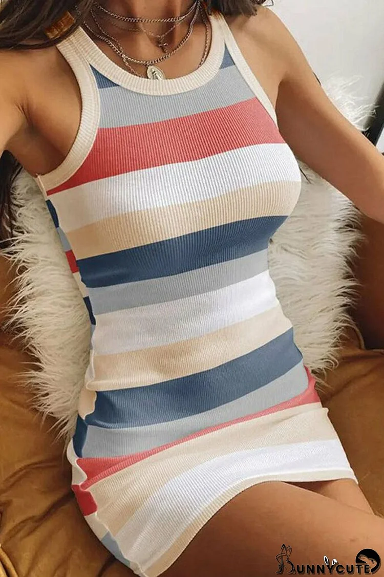 Striped Print Colorblock Contrast Binding Bodycon Dress
