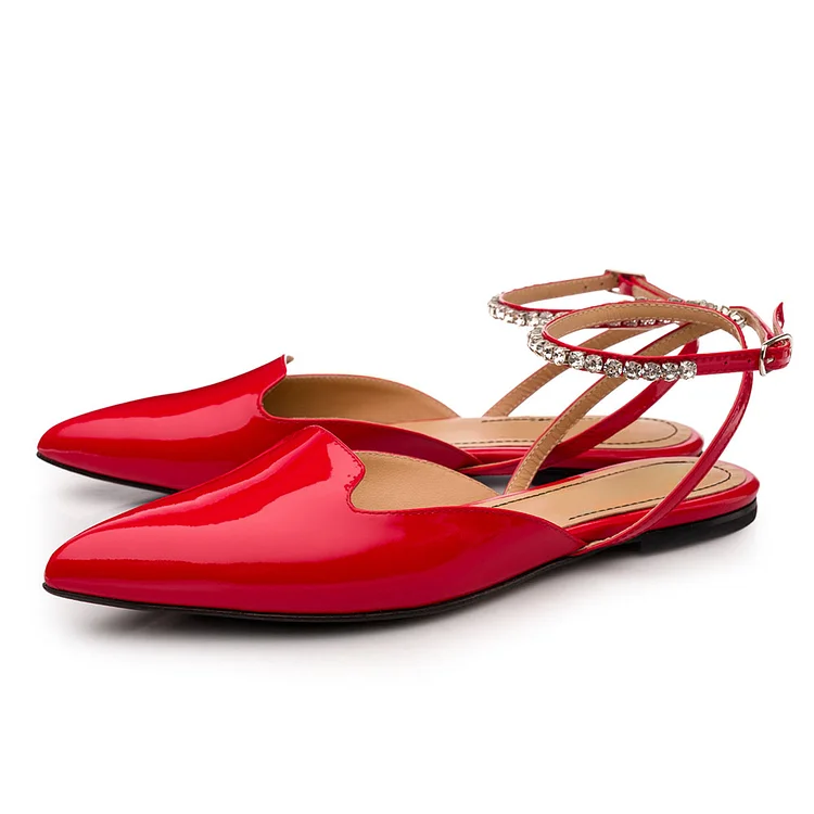 Red Patent Leather Closed Pointy Toe Rhinestone Ankle Strap Flats |FSJ Shoes