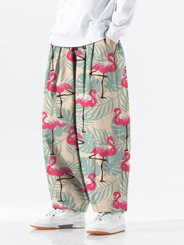 Men's Flamingo Tropical Leaves Vacation Hawaii Print Drawstring Waist Casual Sweatpants