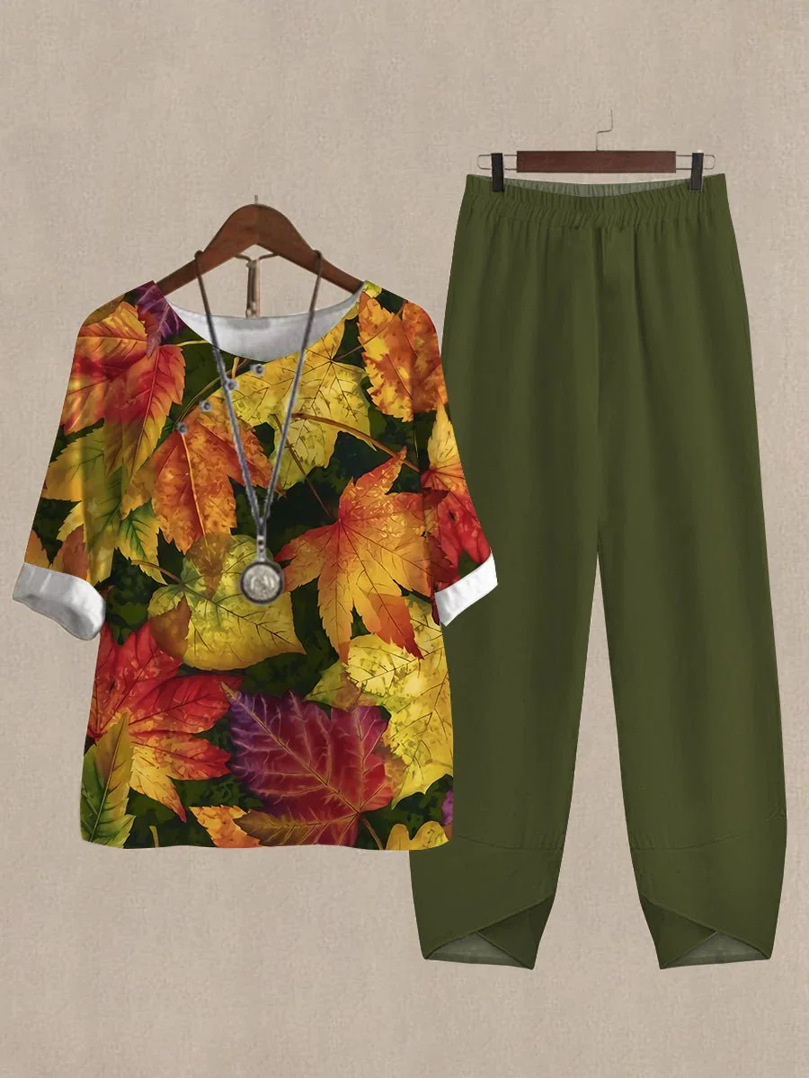 Maple Leaf Print Casual Two Piece Suits
