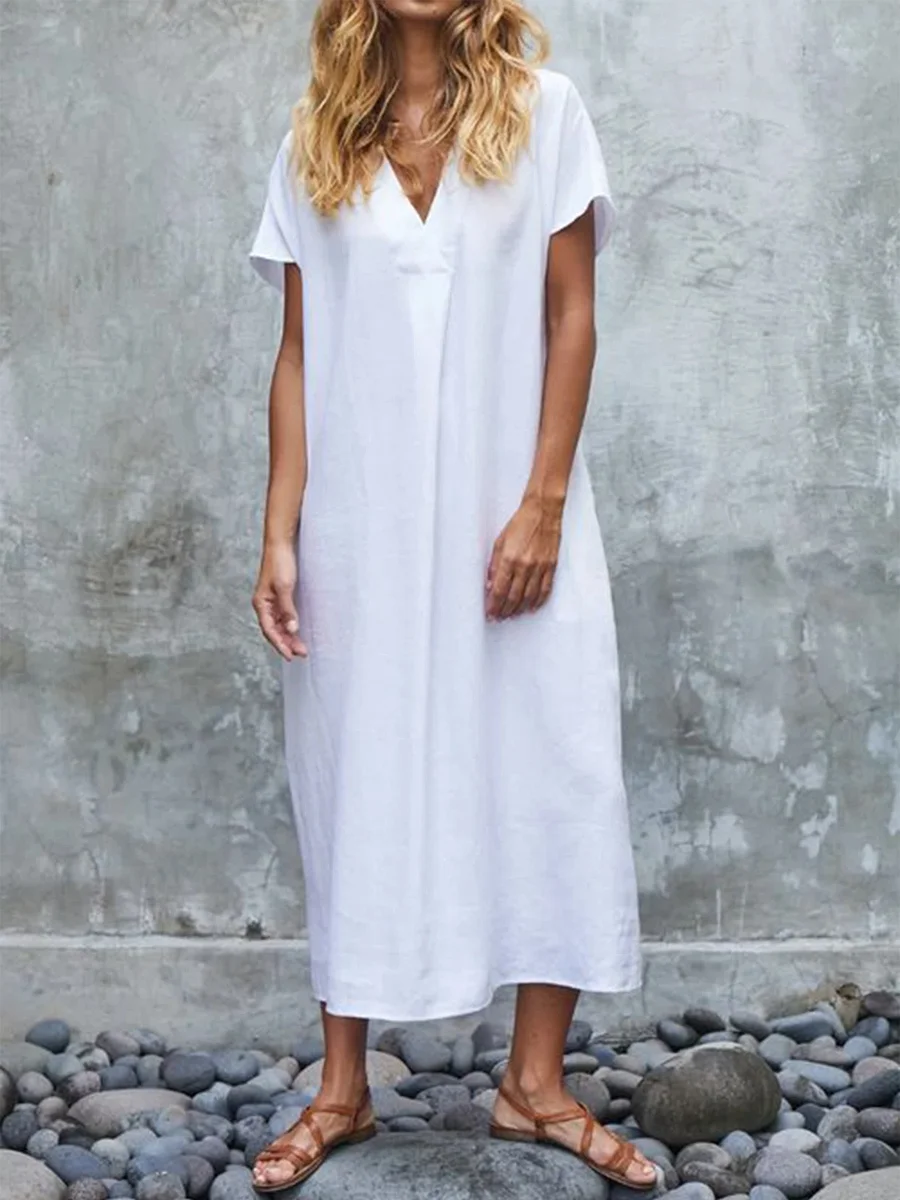 Casual Solid Color Short Sleeves V Neck Maxi Dress