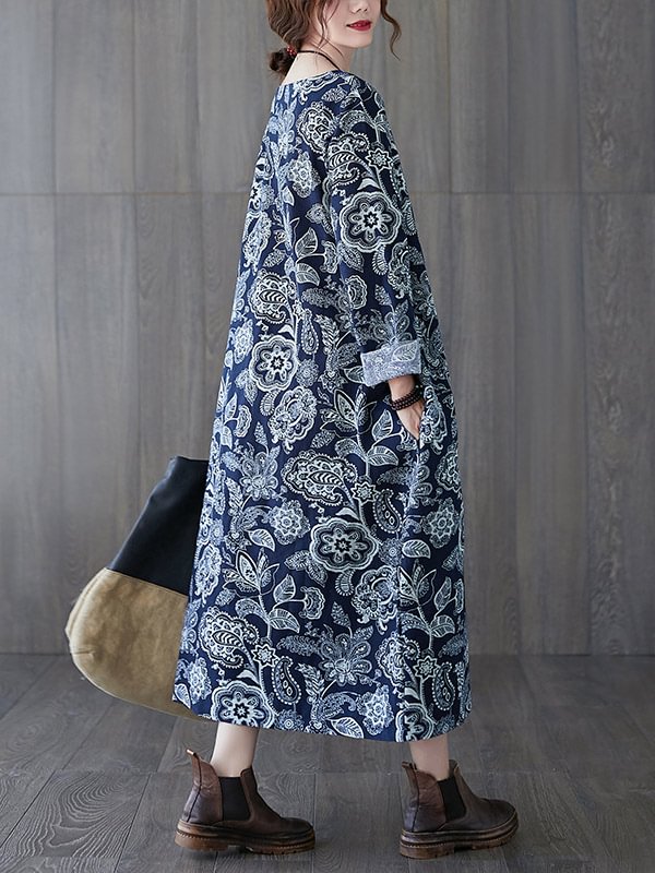 Artistic Floral Round-Neck Dress