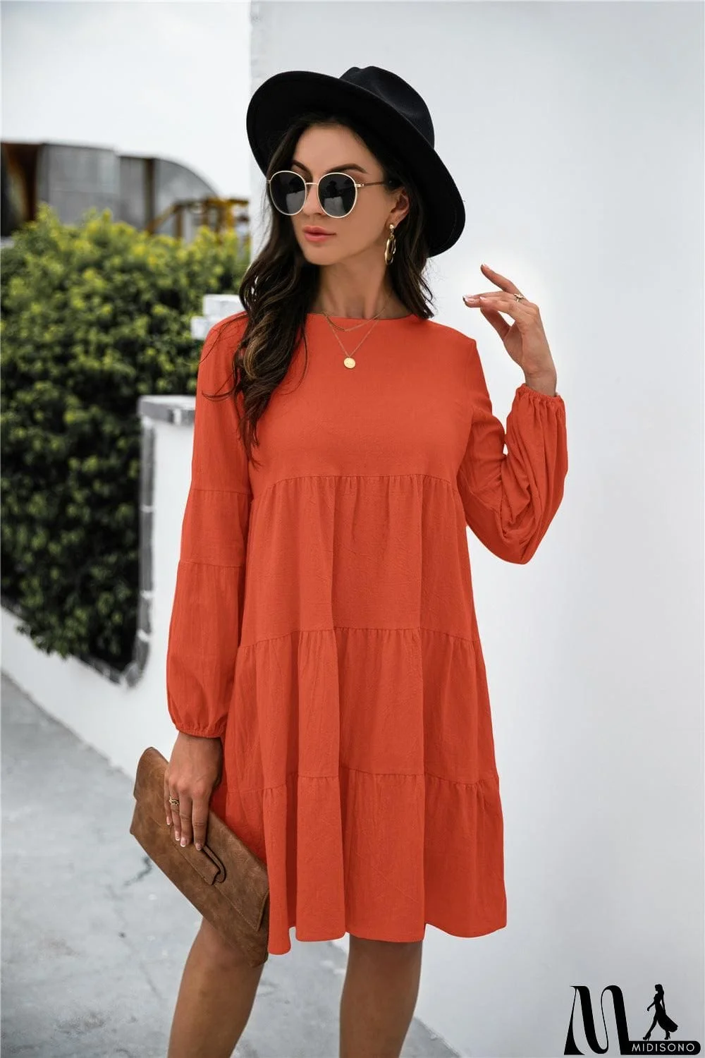 MidiSono - Balloon Sleeve Keyhole Tiered Dress