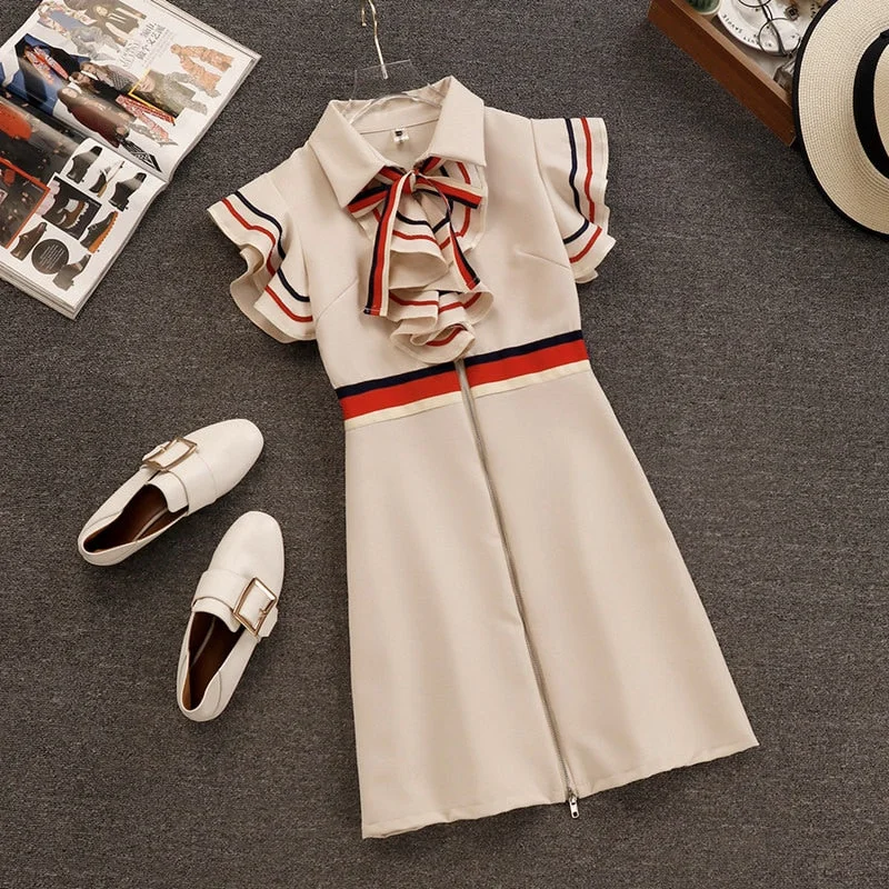 New 2020 Summer Runway Designer Women Retro Butterfly Sleeveless Bow Tie Collar Ruffles Weave Striped Zipper Up Mini Dress