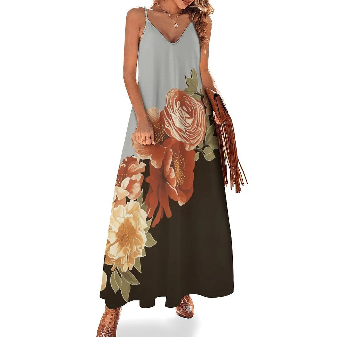 Style & Comfort for Mature Women Plus Size Printed Sling Casual Women Maxi Dress in Pattern Floral, Gray, Orange, Black