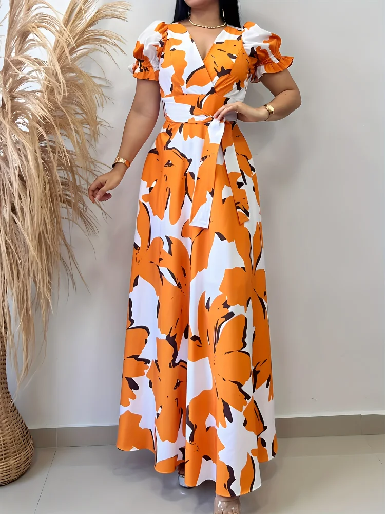 Lightweight Polyester Women's Casual Floral Print Maxi Dress - V-Neck, Short Sleeve, A-Line Silhouette With Belt Detail | Spring/Summer/Fall Fashion