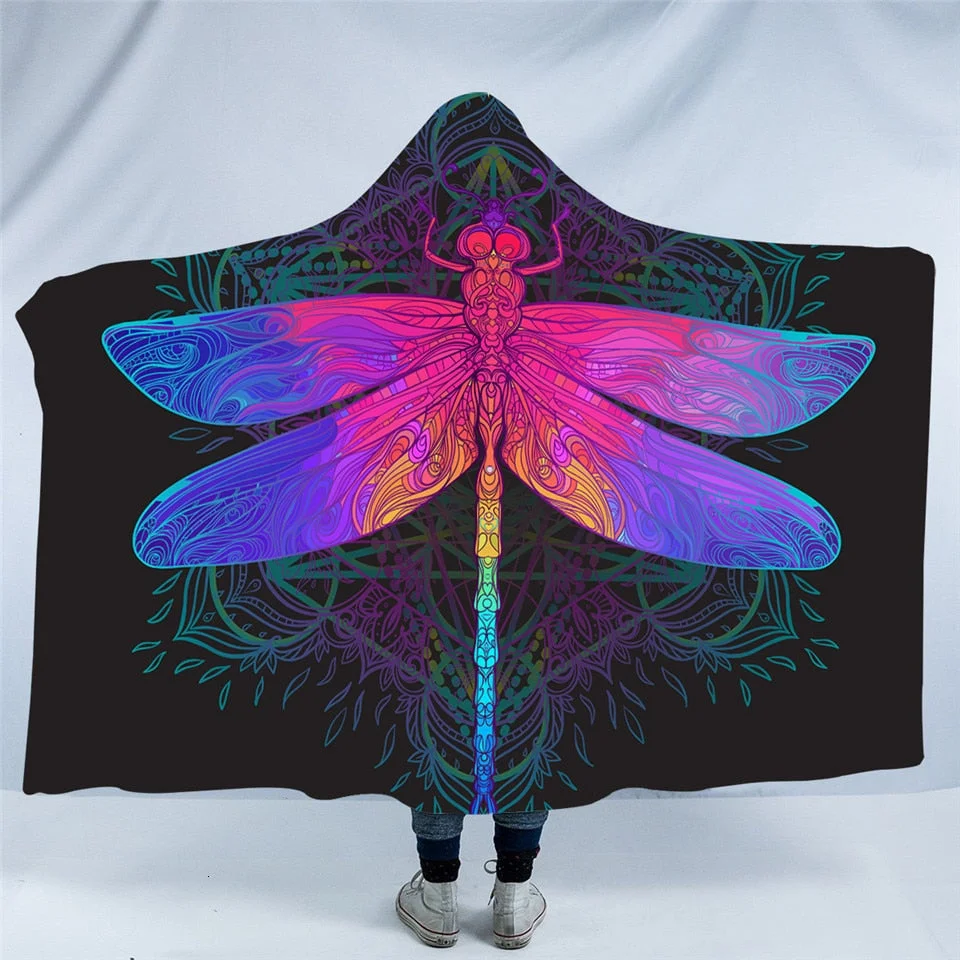 3D Printed Dragonfly Hooded Blanket Sherpa Fleece Hoodie Blanket Soft Fluffy Microfiber Warm Throw Blanket For Travel Picnic