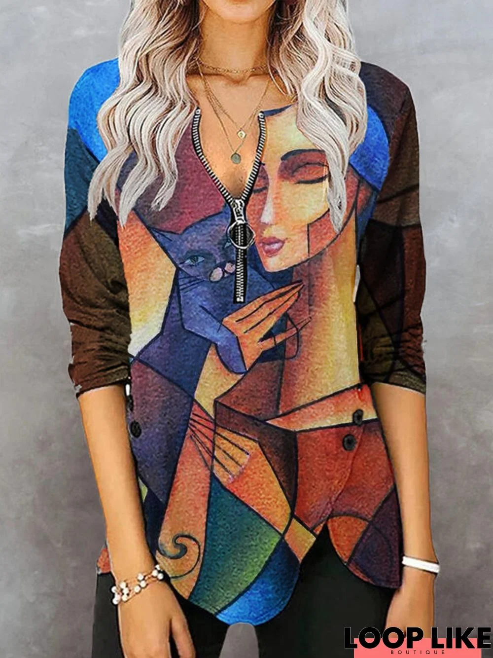 Casual Long Sleeve Crew Neck Printed Tunic Top