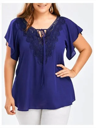 Women's Short Sleeve V-neck Lace Loose Casual Top