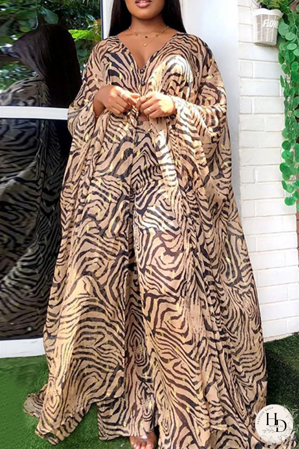 Tangerine Red Fashion Casual Print Slit Long Sleeve Two Pieces