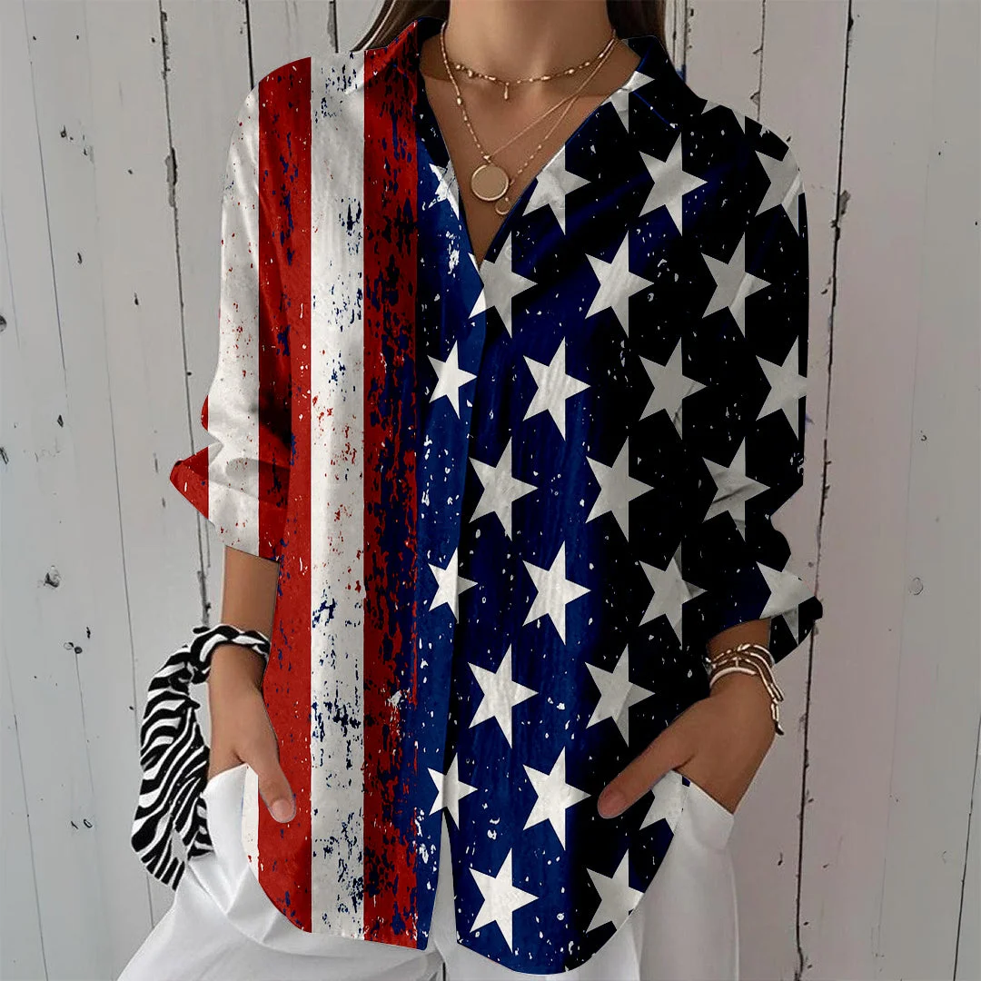 Style & Comfort for Mature Women Women  Independence Day, Star, Striped, Blue, Red DZCL0240 3/4 Sleeve Shirt Collar Printed Button Tops