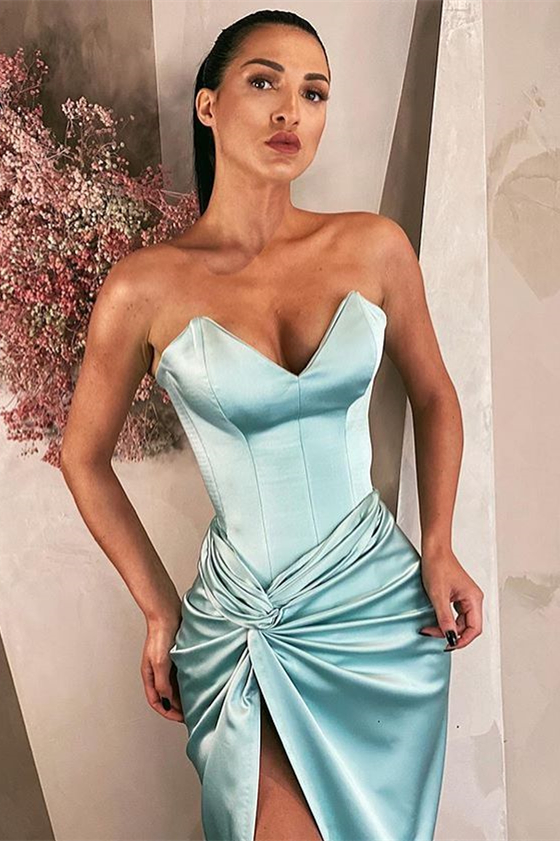 Daisda Long V Neck Sky Blue Prom Dress With Split