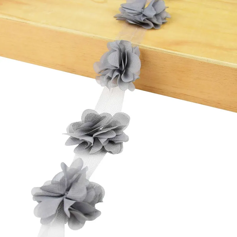 2Yards 24Pcs Flowers 3D Chiffon Cluster Flowers Lace Dress Decoration Lace Fabric Applique Trimming DIY Crafts Sewing Supplies