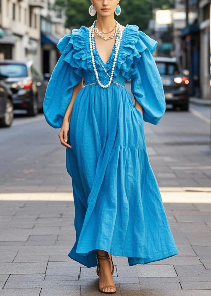 Boho Royal Blue Ruffled Cotton Robe Dresses Fall