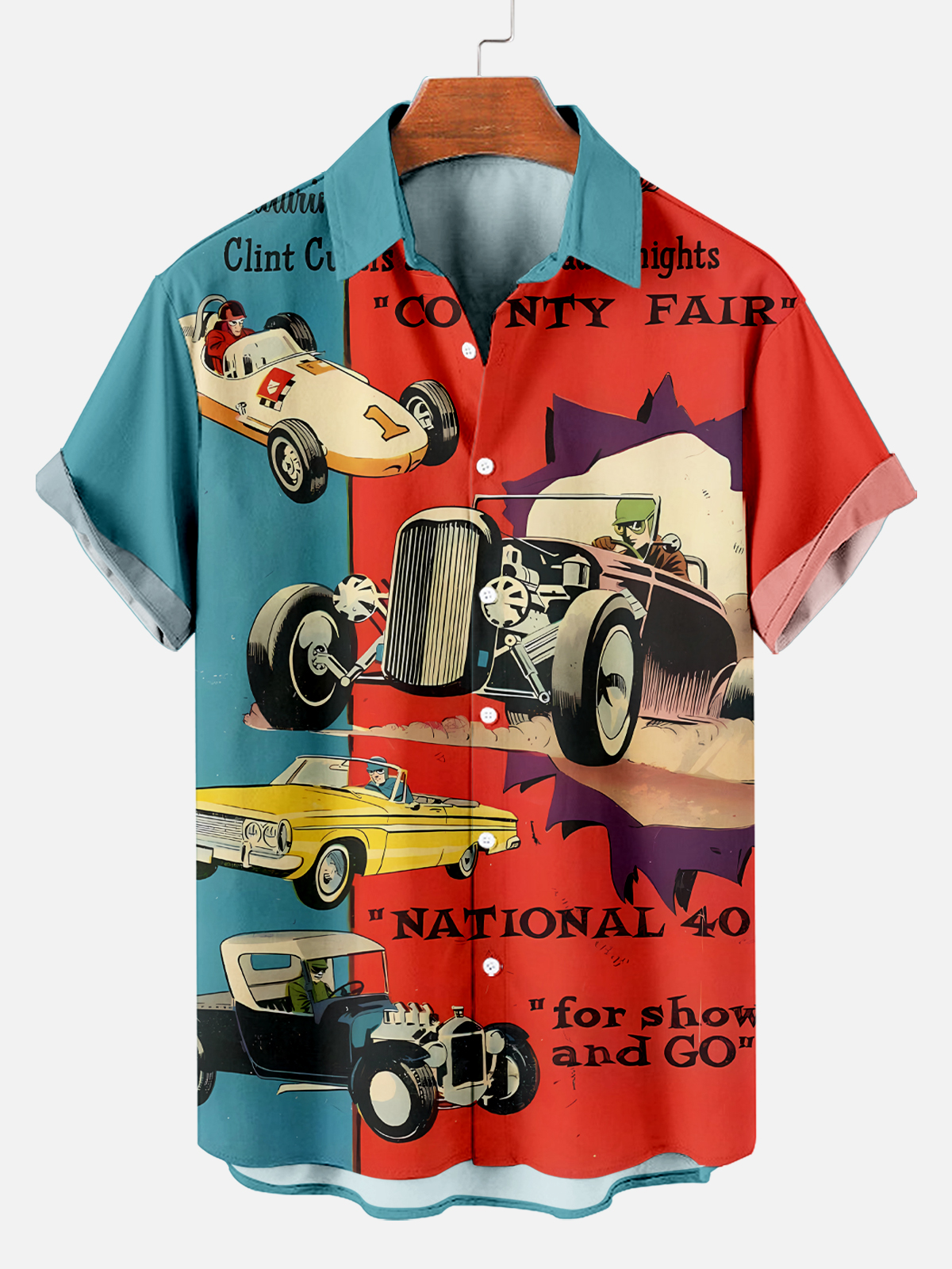 Retro Auto Racing Contrast Print Short Sleeve Shirt PLUSCLOTHESMAN