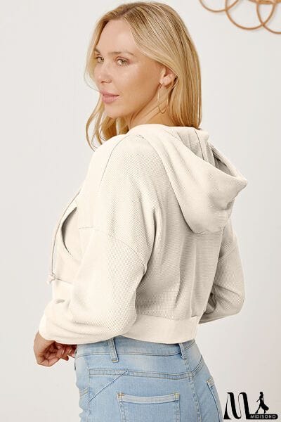 MidiSono - Waffle-Knit Drawstring Zip Up Hoodie