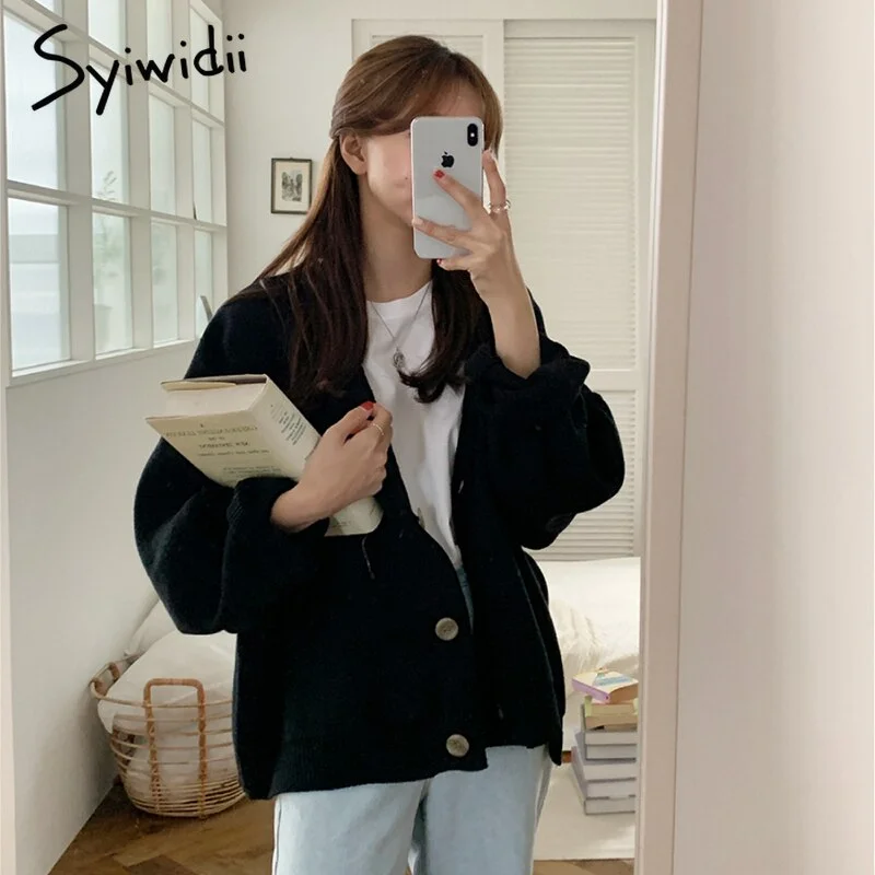 Syiwidii Cardigan Women Sweater V Neck Button Up Knitted Oversized Jackets Fall Winter 2021 New Coats Brown Black Beige Khaki