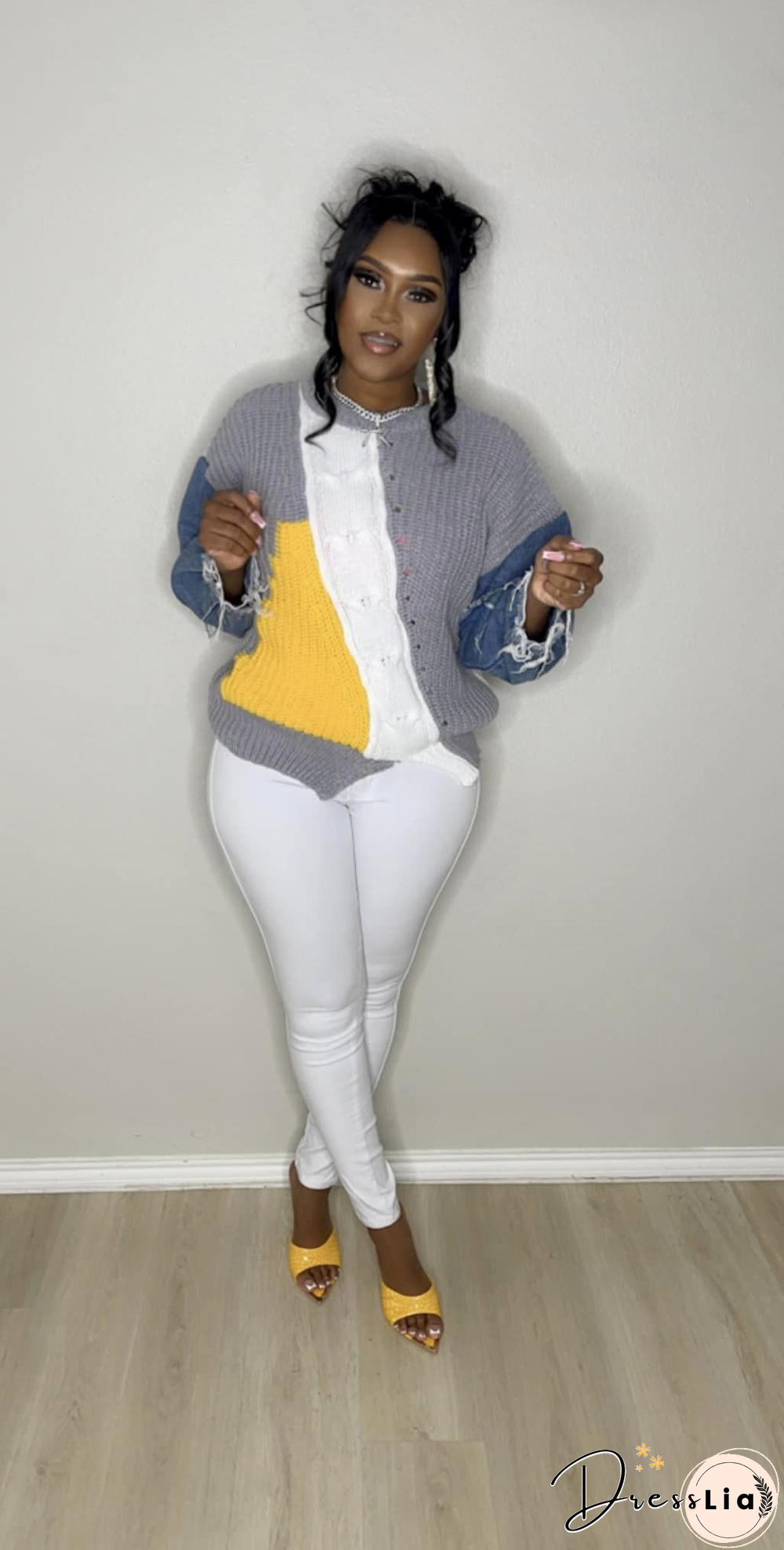 Contrast Color Denim Patchwork Long Sleeve Sweaters